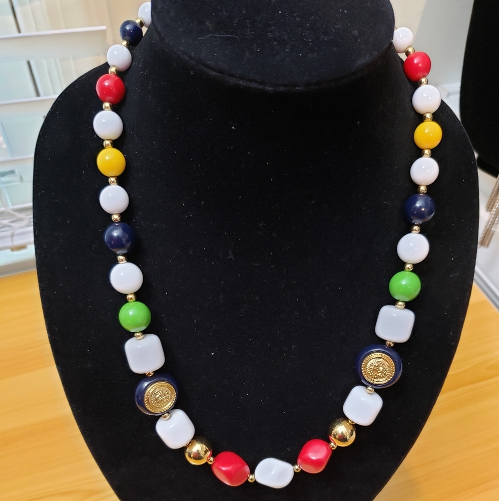 Vintage LIZ CLAIBORNE LC Multicolor Logo Bead Necklace In Excellent Cond!